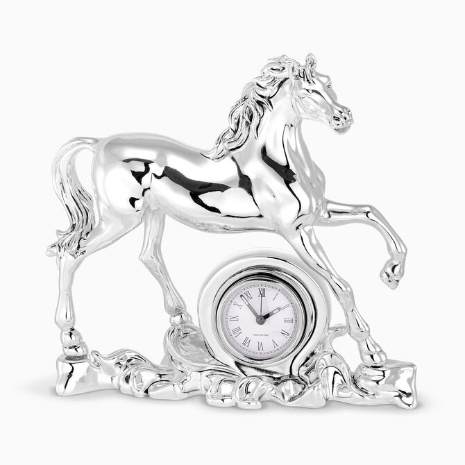 Standing Horse Miniature With Clock Silver Plated