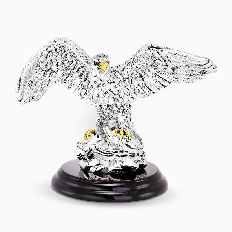 Eagle with Spreaded Wings on Wooden Stand Silver-