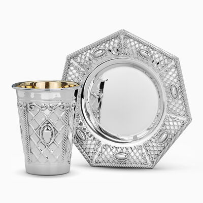 CROSSED MIRRORED CUP AND PLATE SET STERLING SILVER