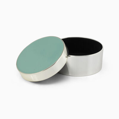 Green and Silver Enamel Round Box Silver-Plated 
