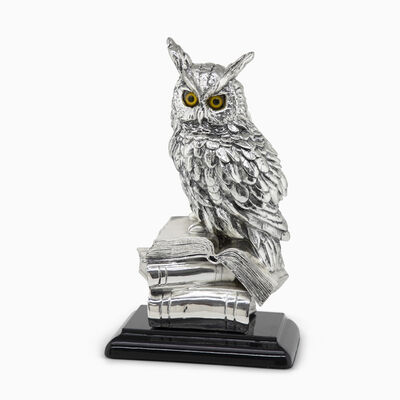 Owl on Books with Base Silver-Plated 